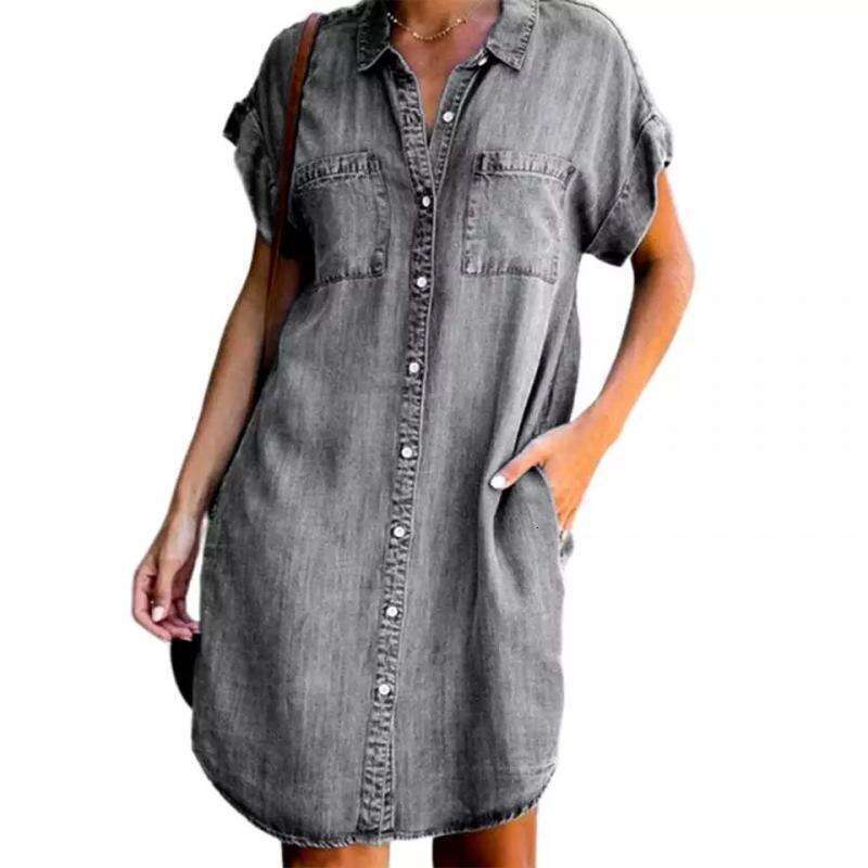 European American collar short sleeved slim fit denim ing dress for women 2025 new style chic and elegant clothing