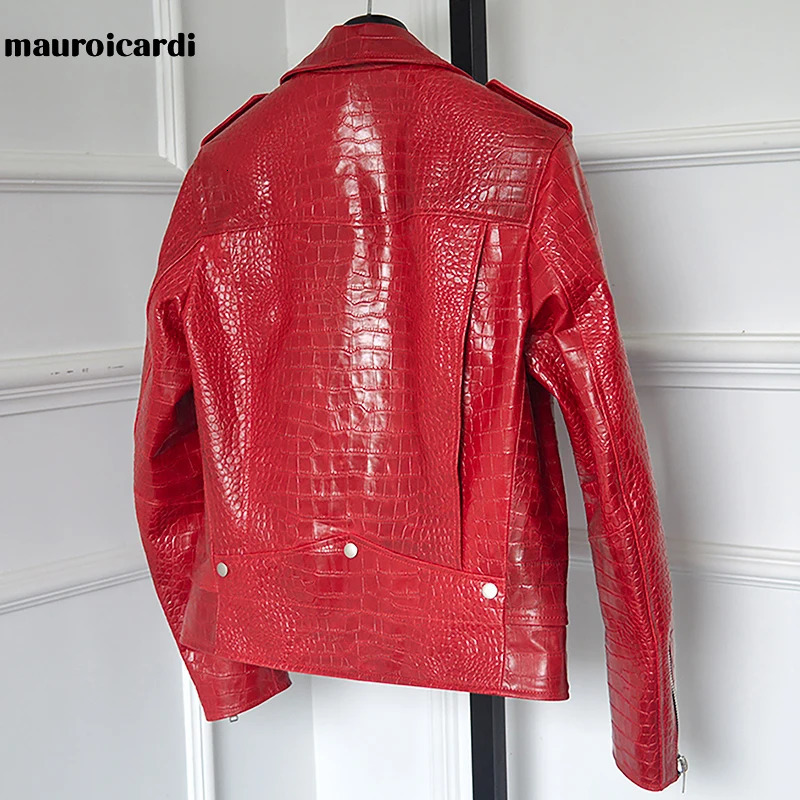 Mauroicardi Spring Red Pattern Faux Leather Biker Jacket Long Sleeve Zipper Plus Size Mens Clothing 4xl 5xl 250225