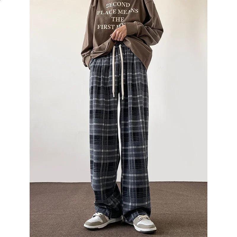 Korean flat bottom pants Harajuku mens autumn wide leg checkered mens oversized casual sports pants Y2k streetwear mens 250225