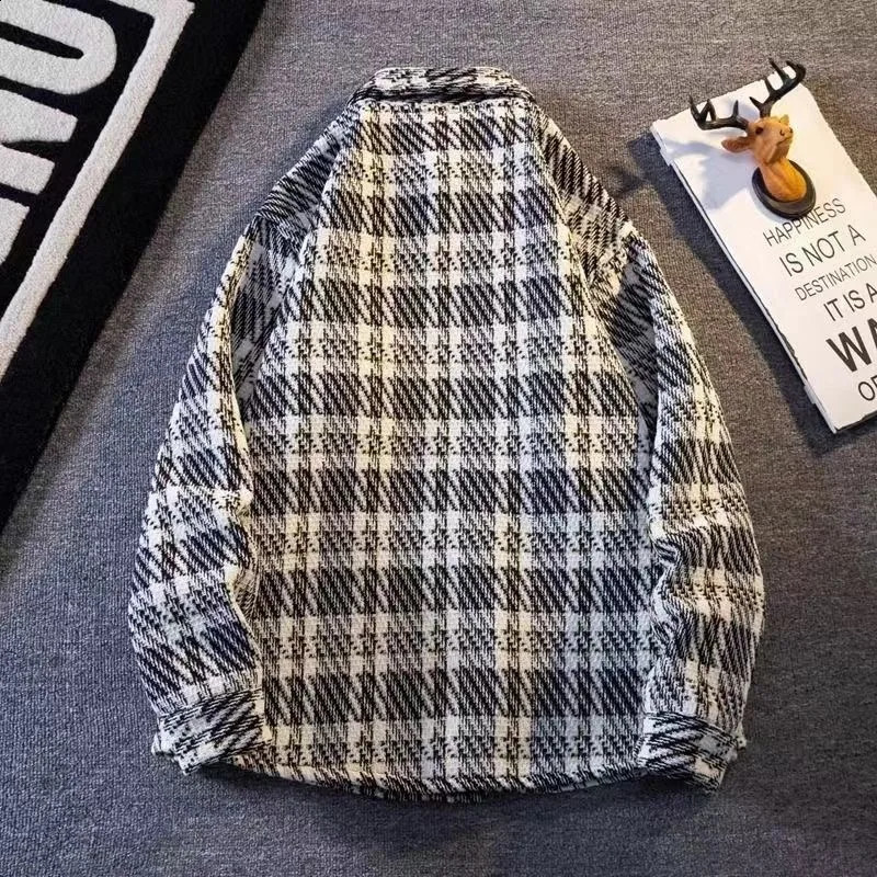 Vintage Plaid Kint Shirt For Men Autumn Winter Thick Long Sleeve Jacket Tops Coat Fashion Casual Hip Hop Oversized Shirts Male 250228