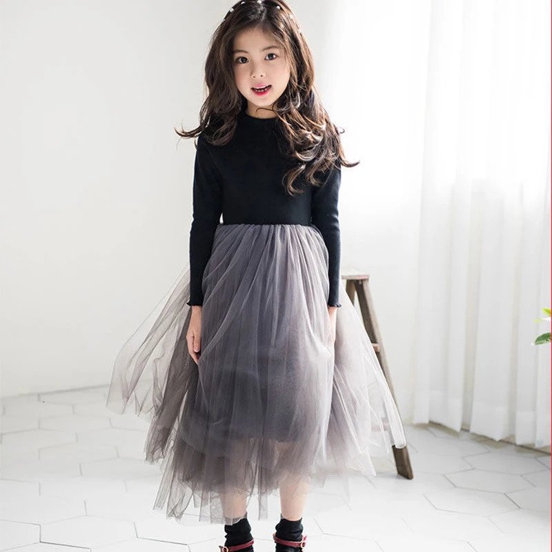 3-12 Years Spring Autumn Girls Dress Korean Mesh Fashon Long Sleeve Little Princess Dress Party Birthday Gifts Kids Clothes 250227