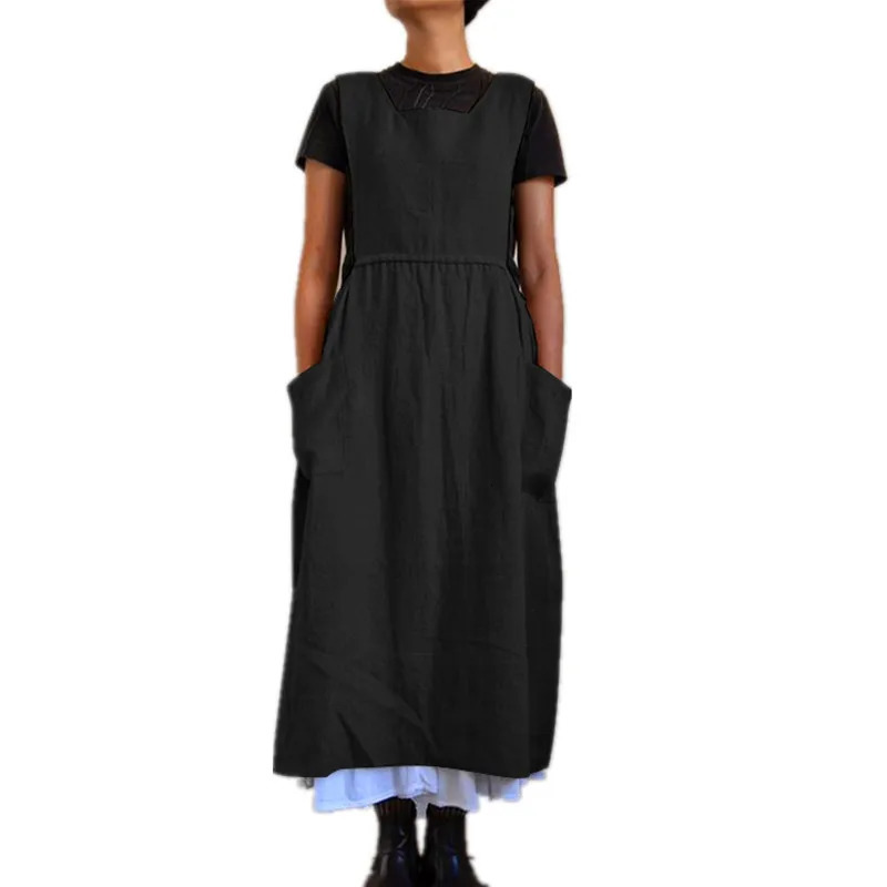 3 Color Oversized S-5XL Loose Cotton Linen Apron Midi Dress For Women Casual Pocket Homewear Solid Color Kitchen Uniform 250226