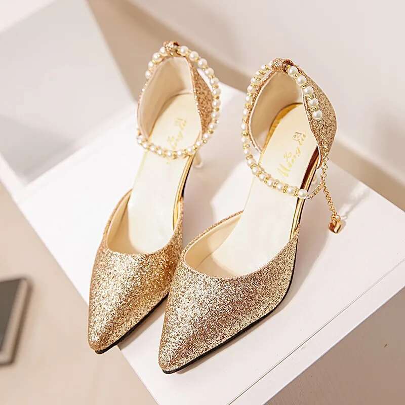 Summer Sequined High Heels Solid Color New Pointed Bead Temperament Fashionable Side Air Breathable Women's Shoes Versatile