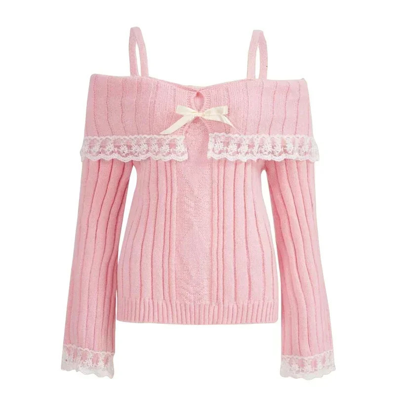 Women Off Shoulder Knit Sweater Pink Pullover Sweet Pullovers Long Sleeve Bow Lace Patchwork Jumpers Y2k Streetwear 250227