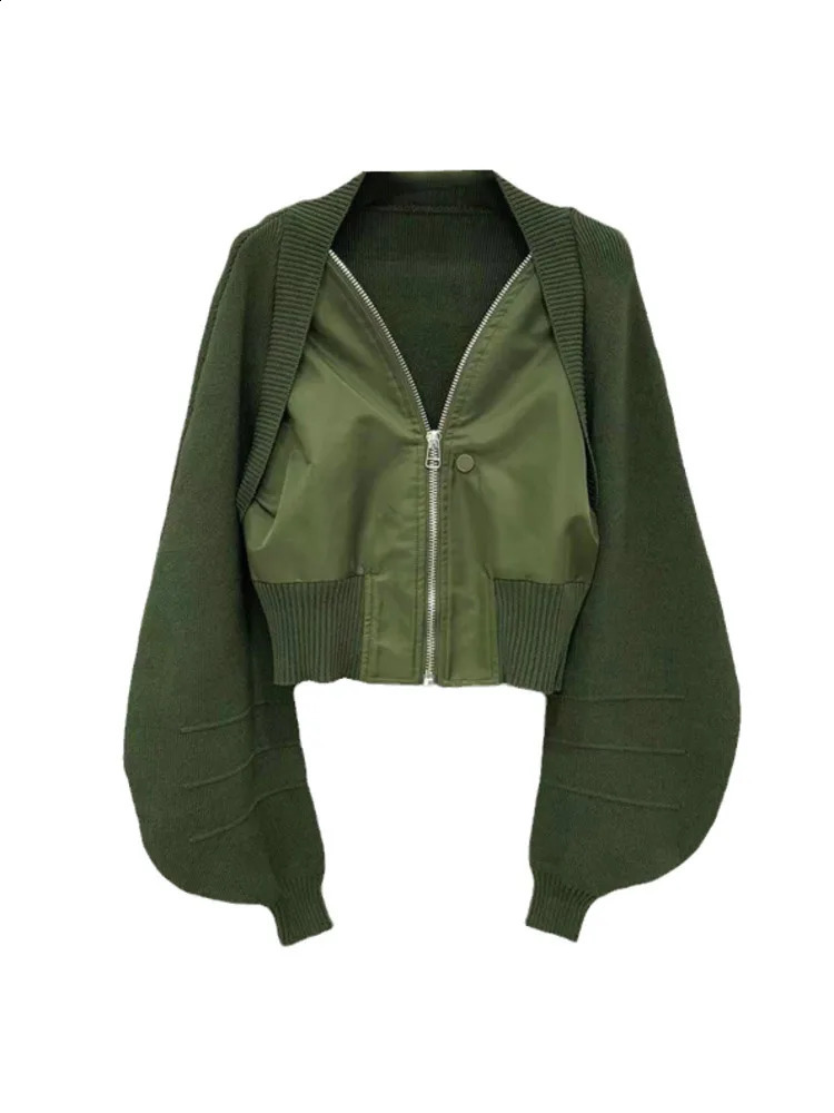 DEAT Knitted Spliced Stretch Short Jacket Womens Autumn Fashion Loose Leisure Zipper n Coat Female CP1746 250227