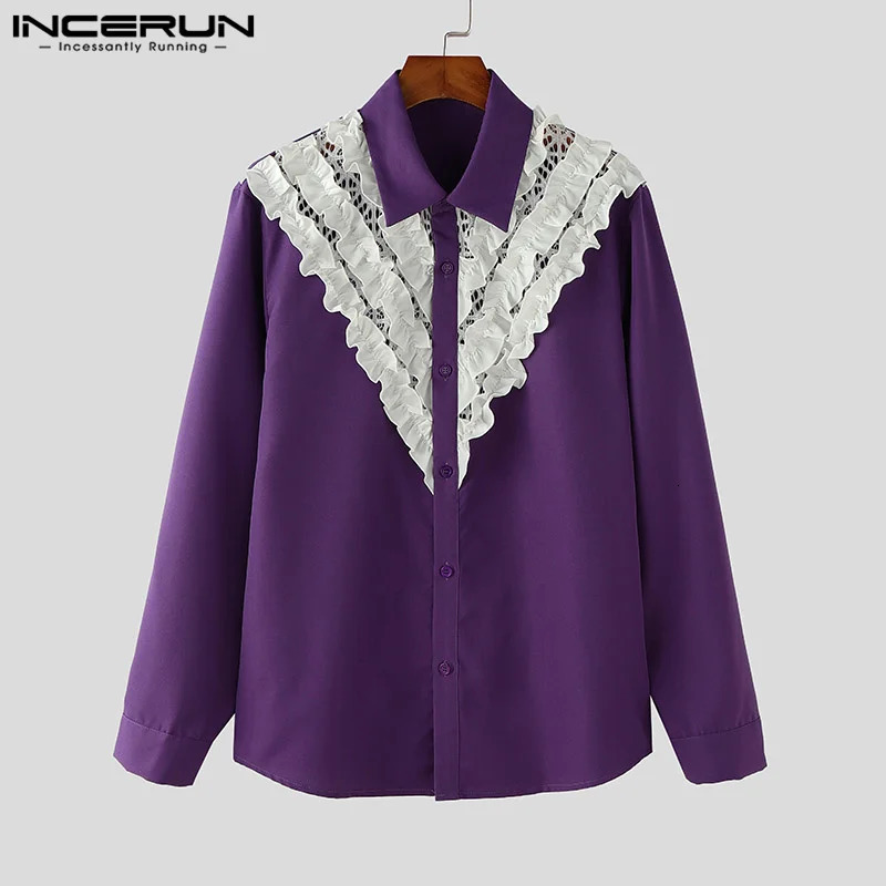 Fashion Well Fitting Tops INCERUN Mens Spliced Ruffled Edge Hollow Shirt Male Casual All-match Long Sleeved Blouse S-5XL 250224