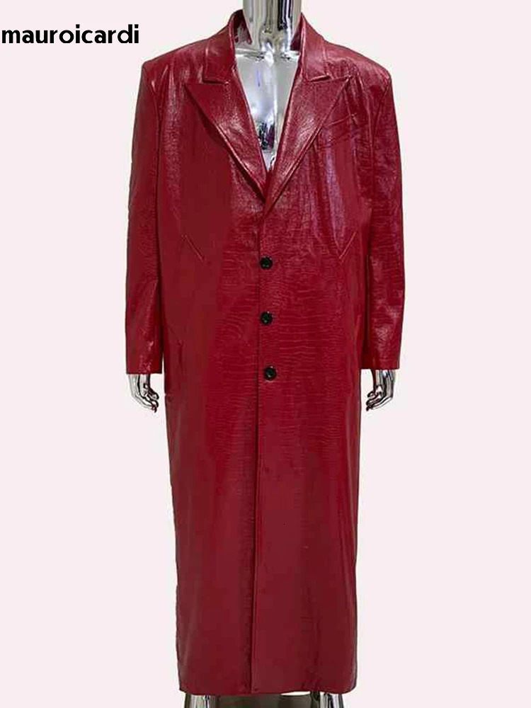 Mauroicardi Spring Autumn Maxi Black Print Pu Leather Trench Coat Men Single Breasted European Fashion 250225