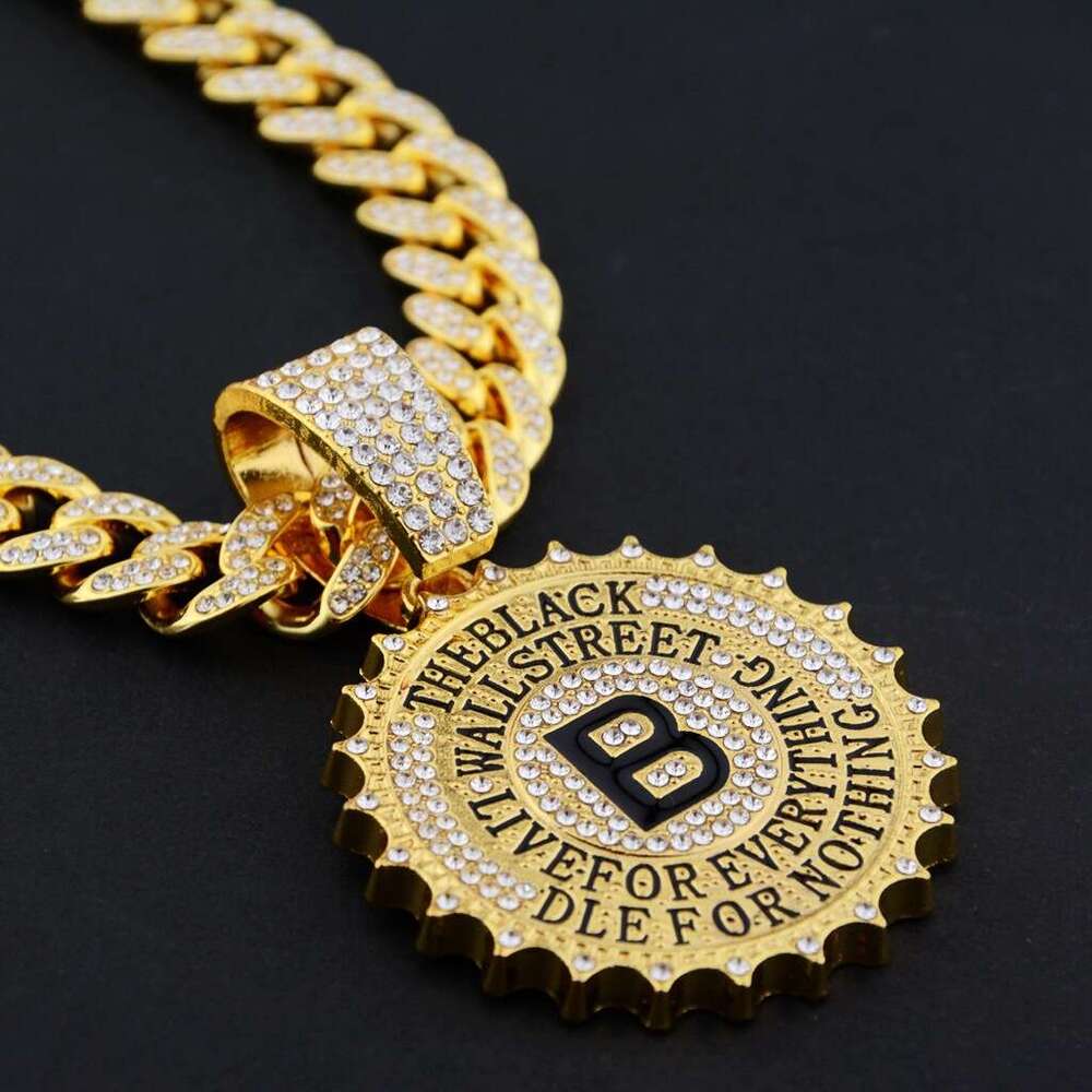 Hip Hop Versatile Full Dia B-shaped Round Label Pendant Personalized Men's and Women's Necklace Cuban Chain