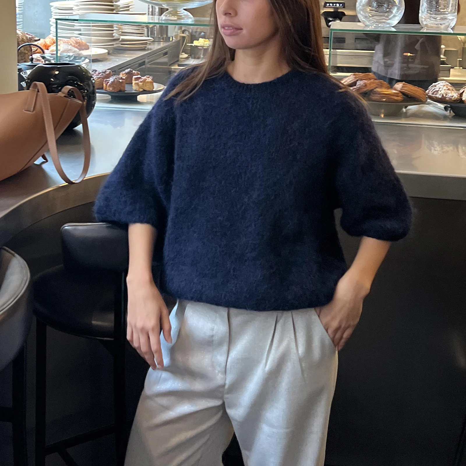 Womens Spring and Autumn Y2K Retro Loose Knitted Sweater Half Sleeve Round Neck Solid Color Casual Cutting Pullover Top 250225