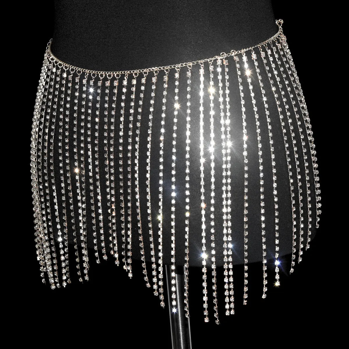Bling Full Diamonds Tassel Waist Chain Summer Dress Mini Skirt Belly Chain Wide Fringe Rhinestone Waist Belt Women Body Jewelry 250227
