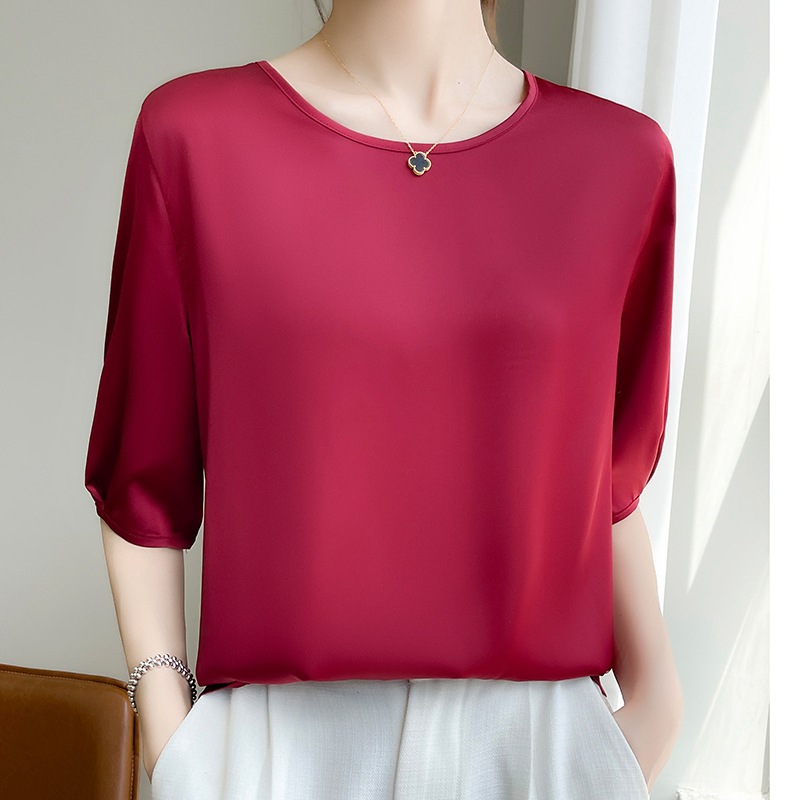 Breathable silk satin spring and summer new women's clothing round neck loose solid color acetic acid satin versatile T-shirt top