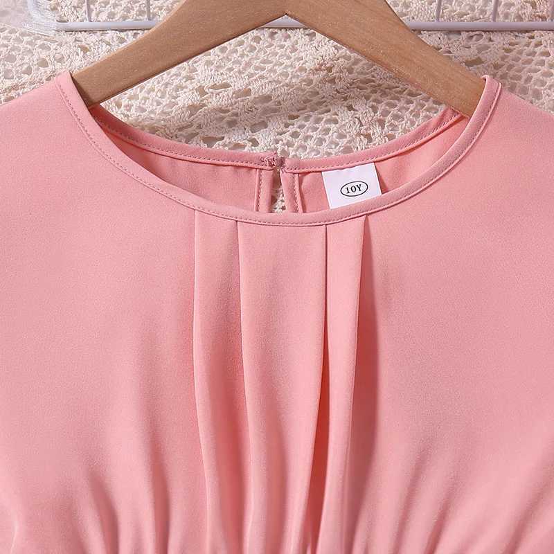 8-12Ys Pink Short-Sleeved Dress Kids Girls Round Neck Fashion Grace Cute Sweet Vacation For Daily Casual Princess DressXJ250228