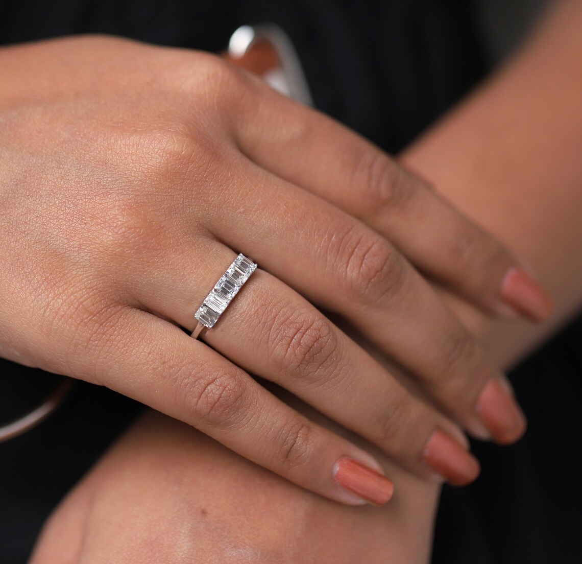 14k white real gold womens wedding ring 3.9*2.8mm emerald cut DE color VVS1 lab grown diamond eternity ring CVD diamond engagement ring for women