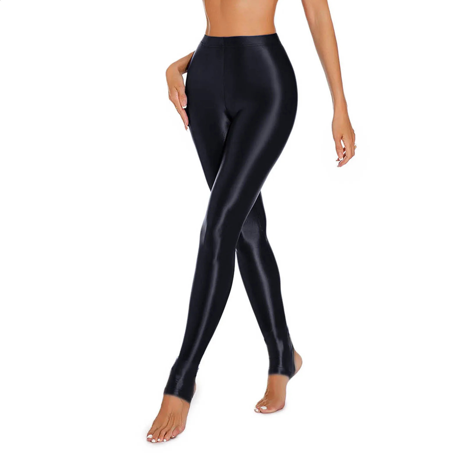 Womens Shiny Glossy High Waisted Stirrup Leggings Tights Gymnastics Workout Yoga Pants Tummy Control Sports Trousers 250226