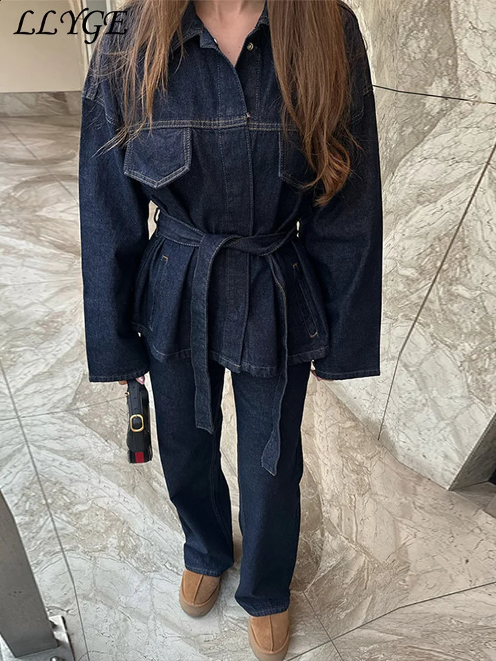 Retro belt denim jacket pants set womens lapel single chest pocket straight jeans spring streetwear 250228