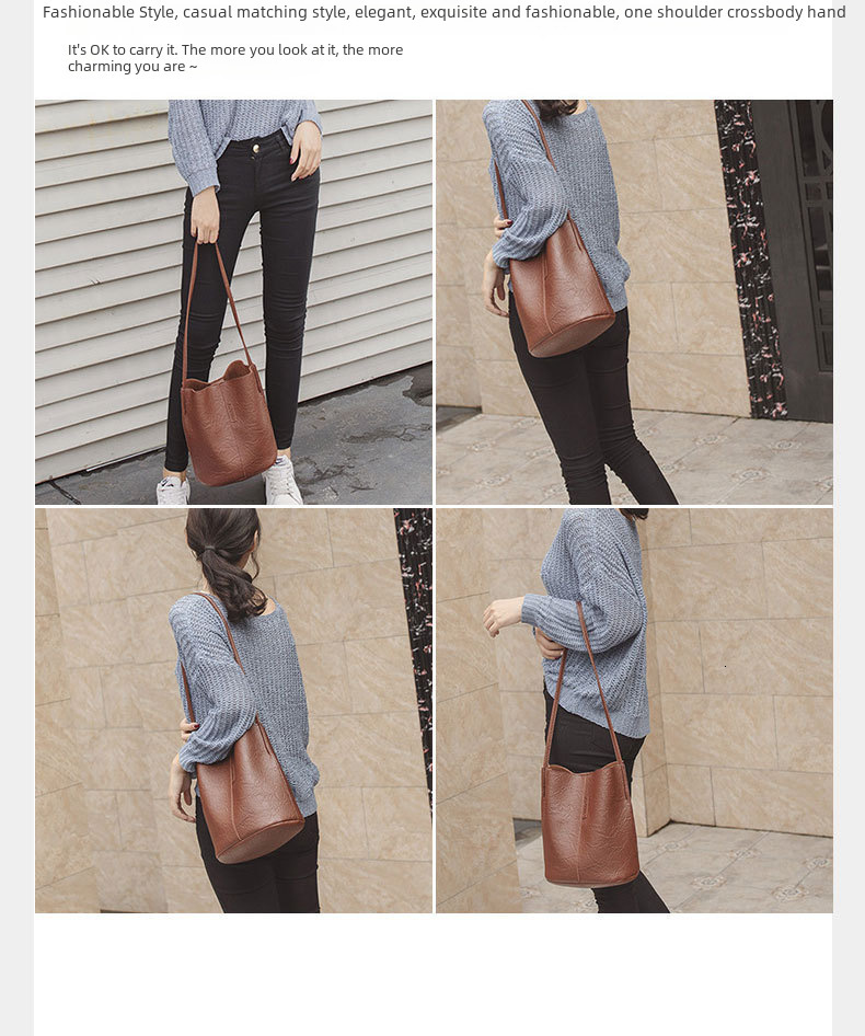 2023 New Vintage Bucket Veet Oil Leather Handbag Crossbody Women's Large Capacity Shopping Bag
