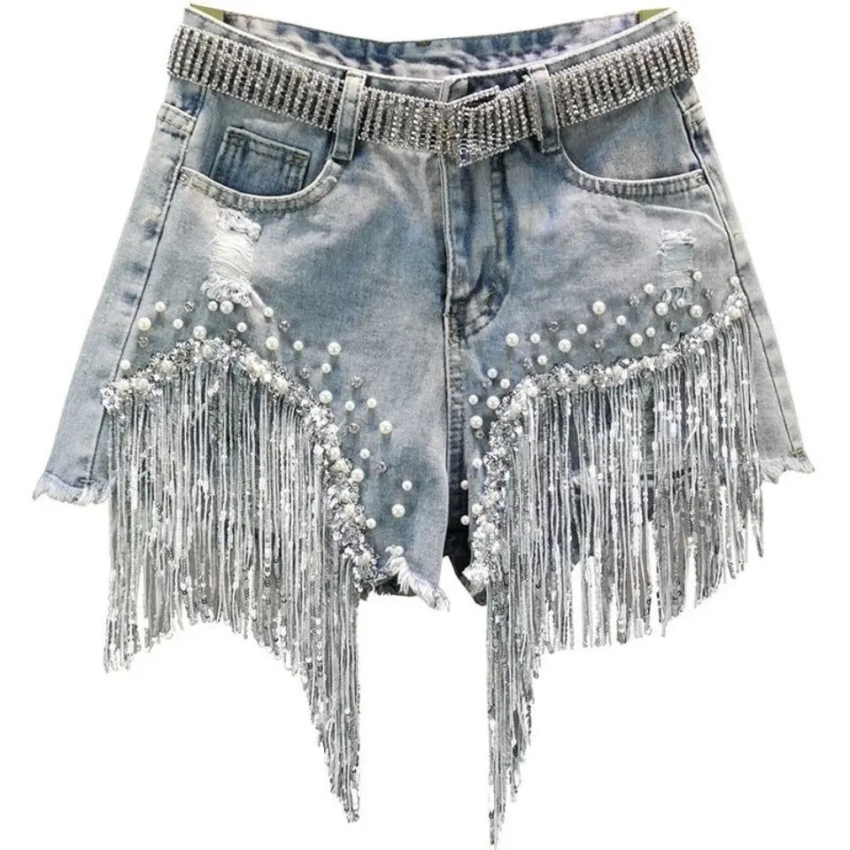 Denim Shorts for Womens Summer and Korean Versions High Waisted and Slim with Holes Studded Sequins Tassels Wide Leg Pants 250227