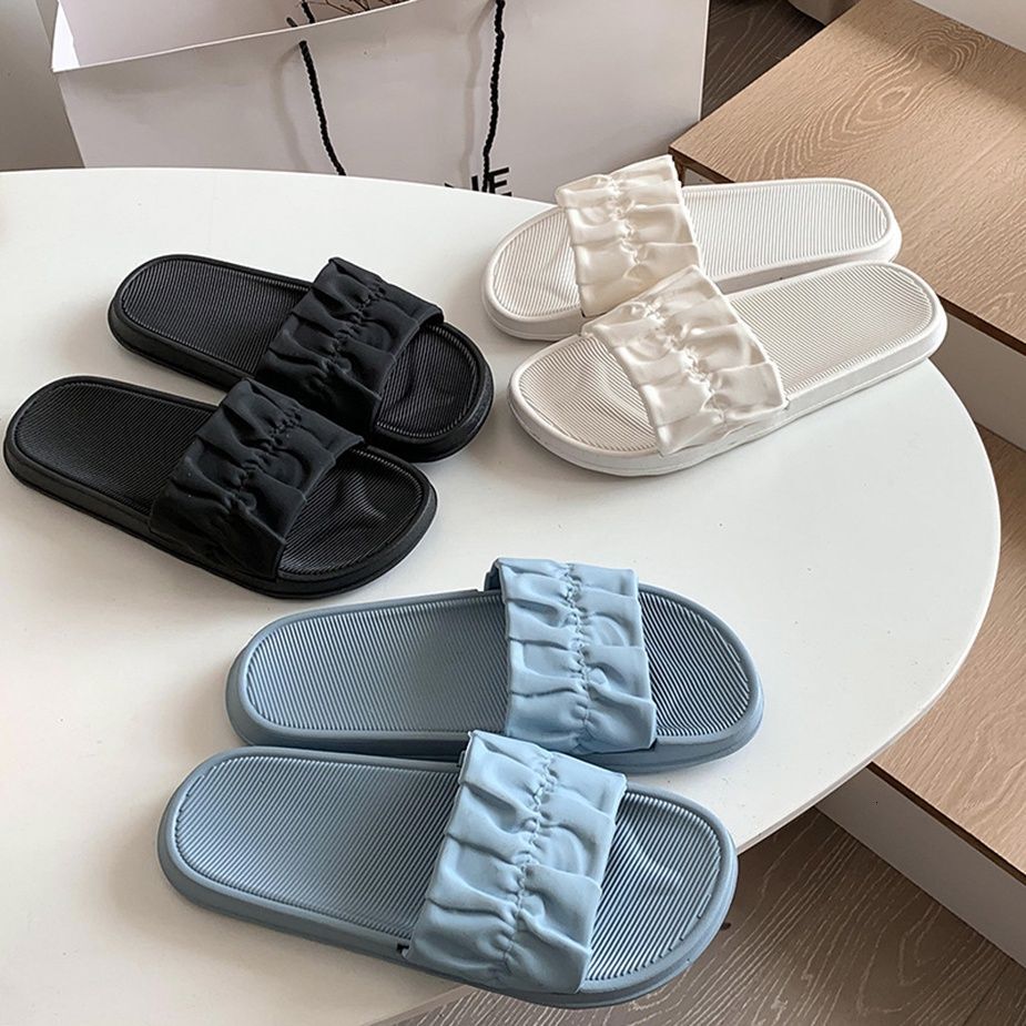 Slippers For Women In Summer Fashionable Fairy Style Flat Pleated Shoe Upper Suitable For Indoor And Outdoor Wear Student One Line Slippers Cool Slipp
