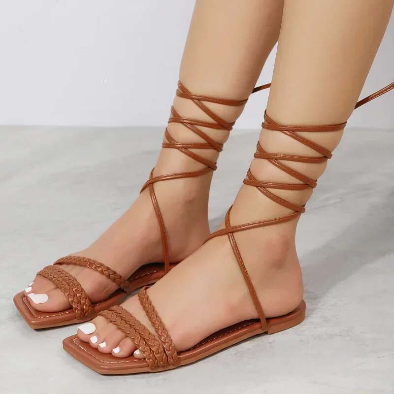 Trendy Casual Women's Summer Open Toe Flat Sole Solid Color Lace Up Beach Shoes atillas De Mujer Sandals