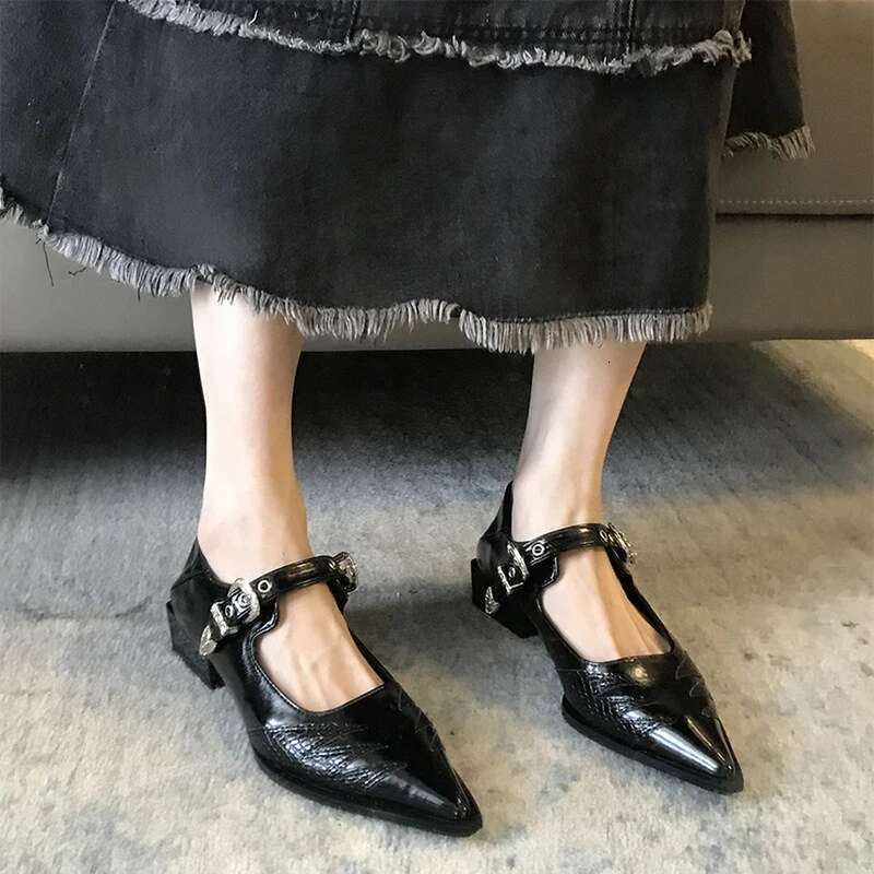 Designer Vintage Pointed Toe Women Mary Jane Fashion Belt Buckle Spring Elegant Low Heel Shoes