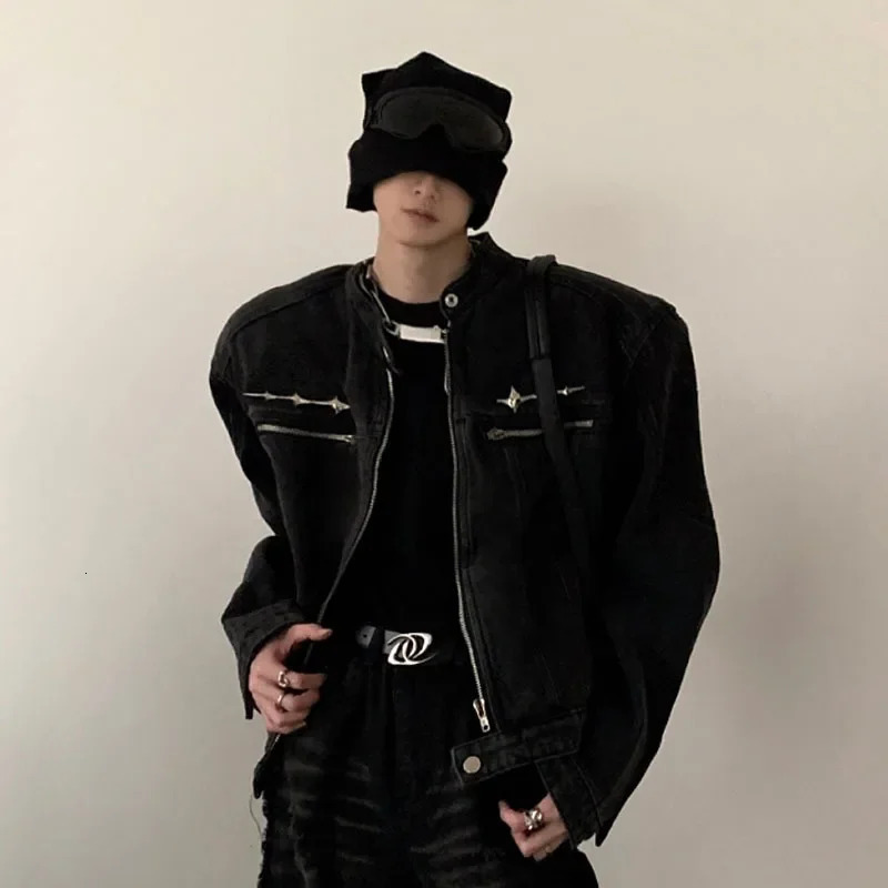 American Vintage Washed Short Denim Jacket Men Autumn Distress Coat Male Tops Fashion High Street Zipper Outwear 250225