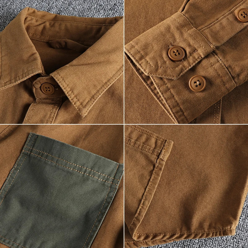 Sleeve patch washed grain woven cotton long sleeve shirt Mens daily tooling retro trend youth thin coat 250226