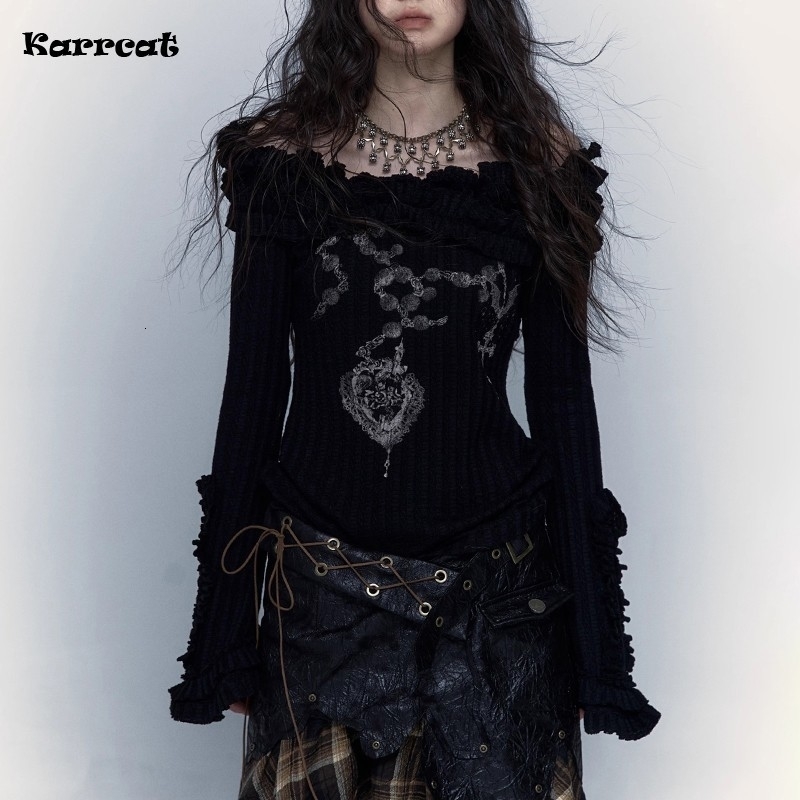 Karrcat Grunge Aesthetics Knitted Top Retro Shoulder Tattoo Printed Tshirt Punk Black Ribbed Gothic 250226