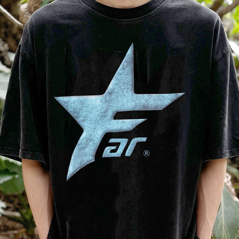 Far Archive Inverted Letter Star Print Small Trendy Brand Washed Vintage Vibe Style Short Sleeve T-shirt