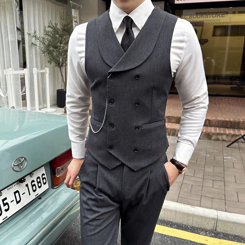High Quality Autumn Double Breasted Suit Vest Men Business Formal Sleeveless Slim Fit Wedding Groom Banquet Party Waistcoat 250228Z