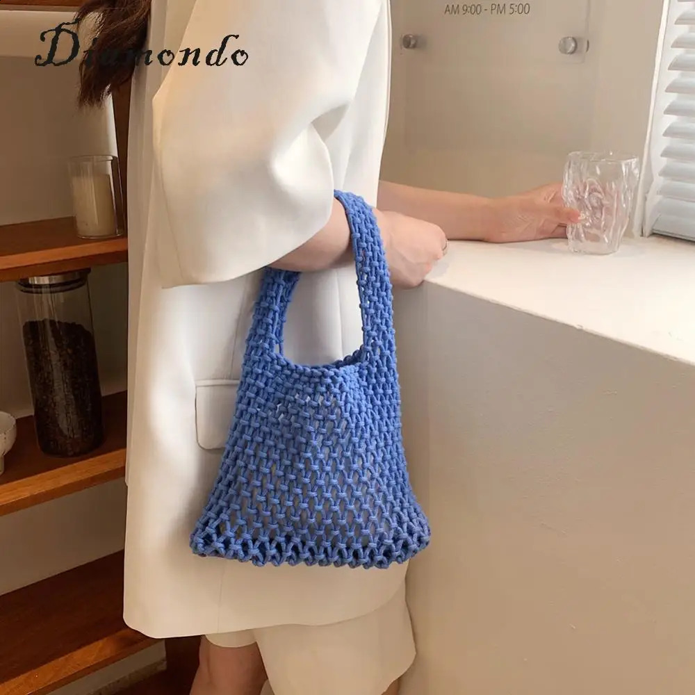 Ship from US Women Braid Handbag Cotton Linen Top Handle Bag Woven Basket Net Shopper 250303FBB