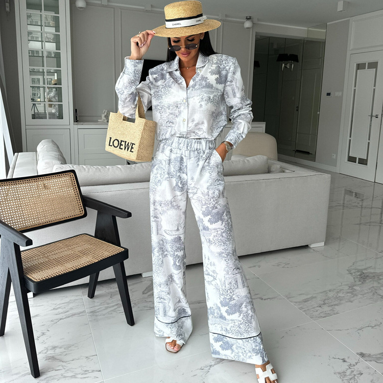 New4 New Chinese Style Ink Printing For Women's Wear, Flip Collar Shirt, High Waist Pants, Fashion Two Piece Set