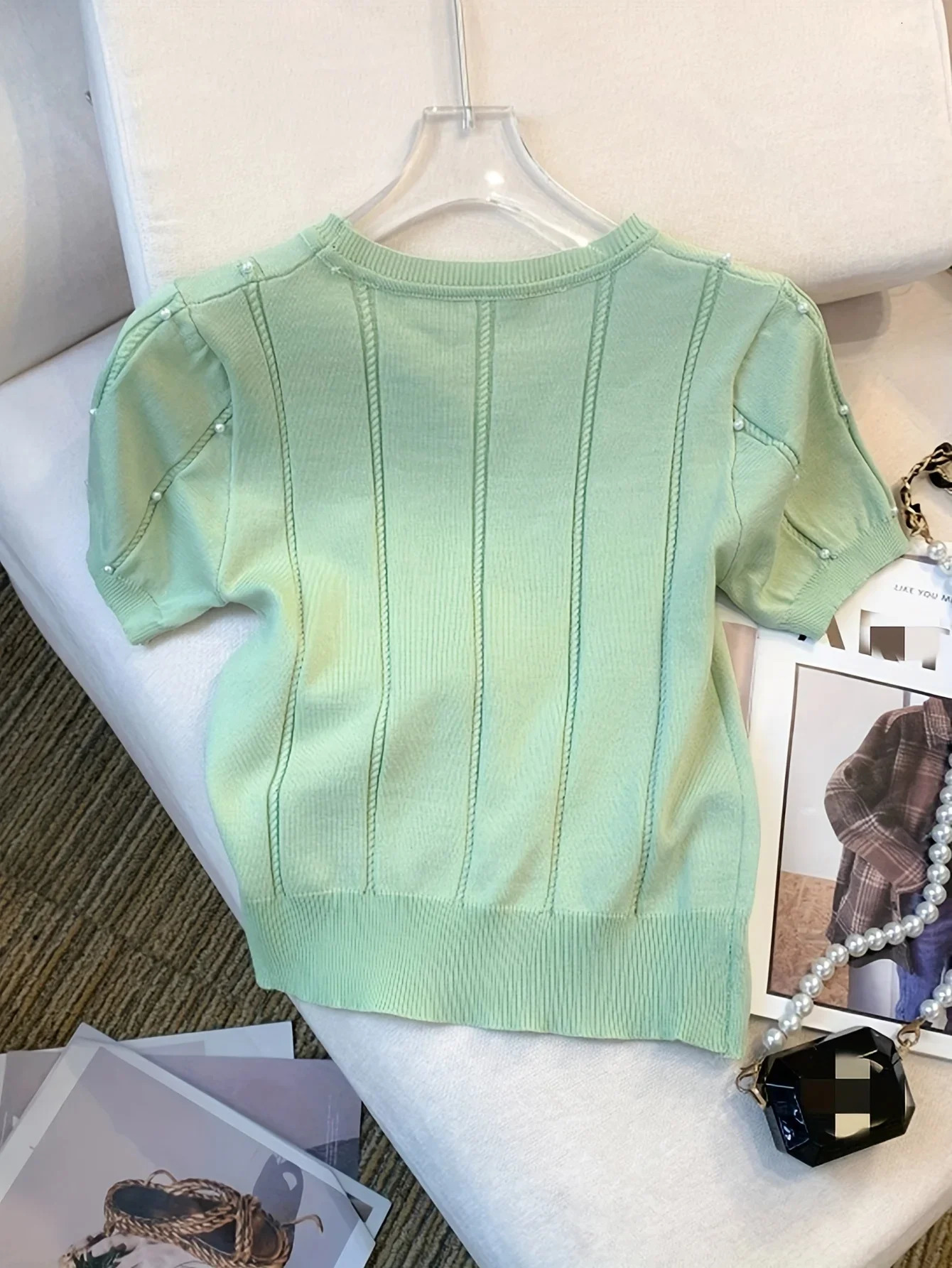 2025 Thin Solid Color Crew Neck Beaded Sweater Chic Short Sleeve Knit Top For Spring Summer Womens Clothing Crop 250225