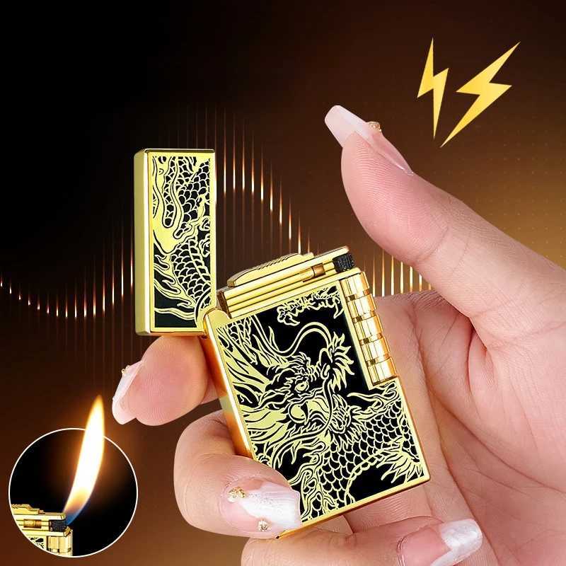 2024 Metal Steel Sound Chinese Dragon Oblique Fire Inflatable Lighter Side Pulley Igniting Butane Gas Pipe Lighters Smoking Gift Y250228
