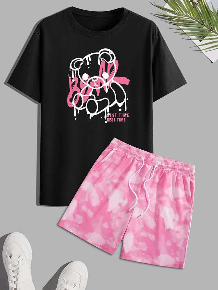 Summer Daily Casual Mens Short Sleeve Outdoor Sports Mens Beach Pants Fashion Bear Pattern Mens T-shirt and Shorts 2-piece Set X250228
