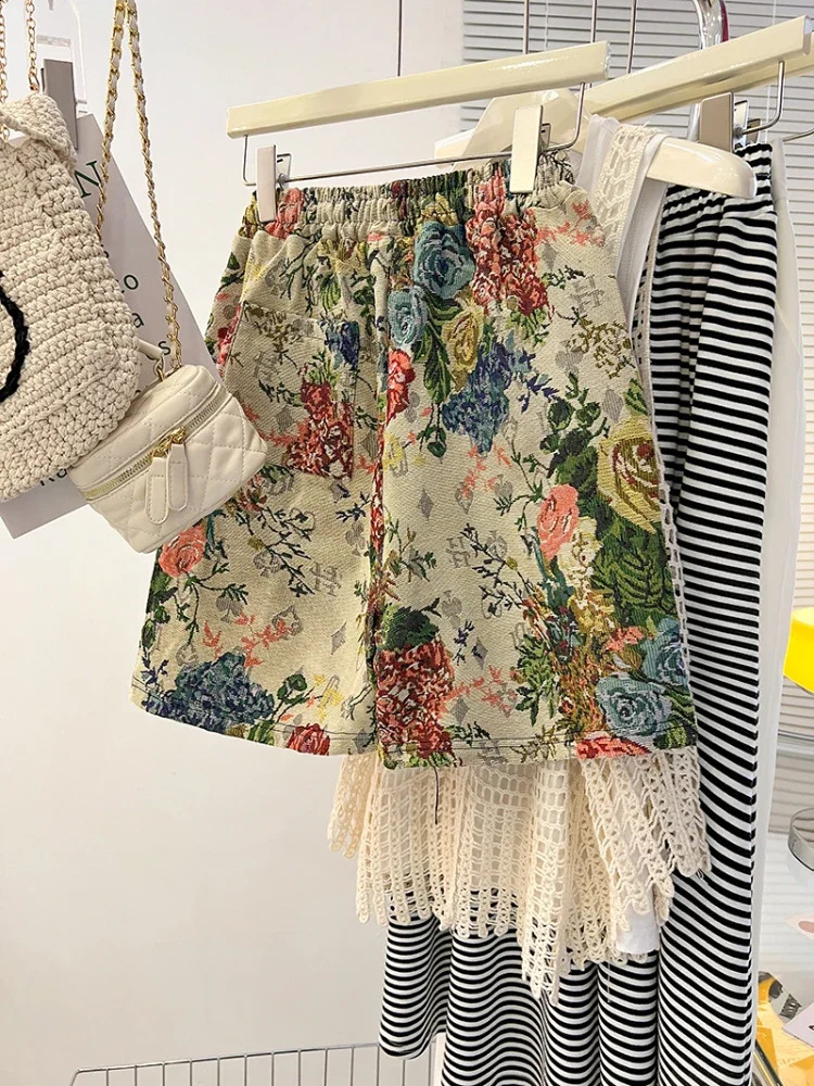 Plus Size 150kg Womens High Waist Shorts Jacquard Weave Artistic Aesthetics Wide Leg Short Y2k 2024 Summer Cool Sport 250228Z