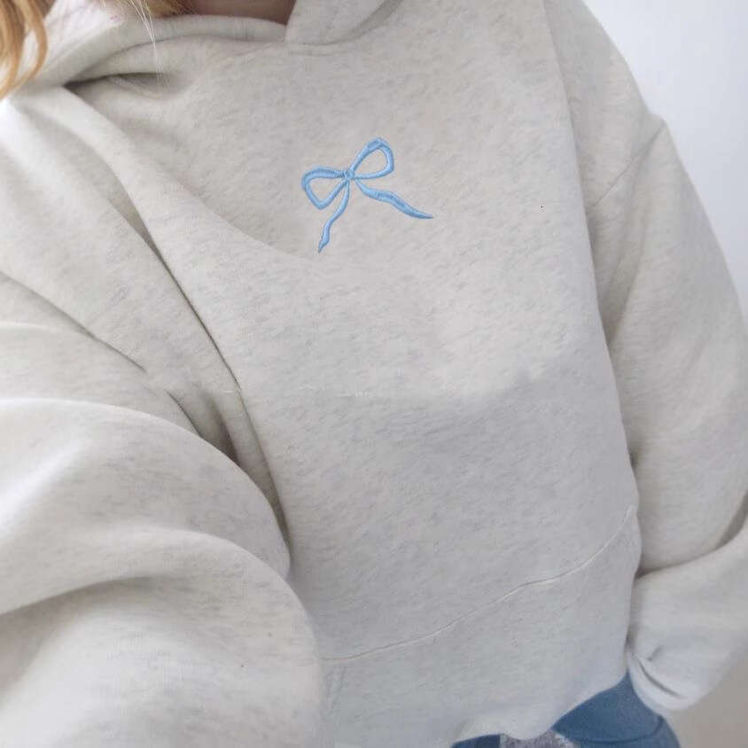 American trend new cotton minimalist floral letter bow pattern gray pullover hoodie top