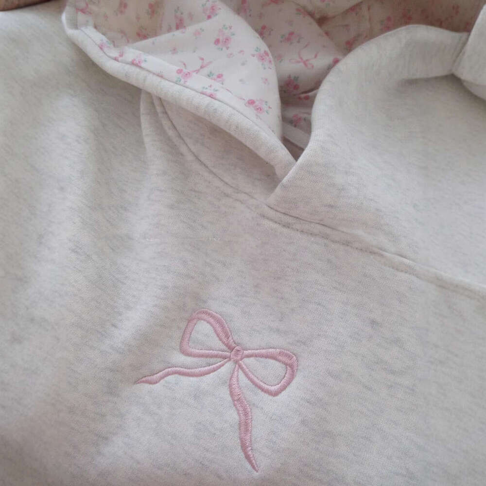 American trend new cotton minimalist floral letter bow pattern gray pullover hoodie top