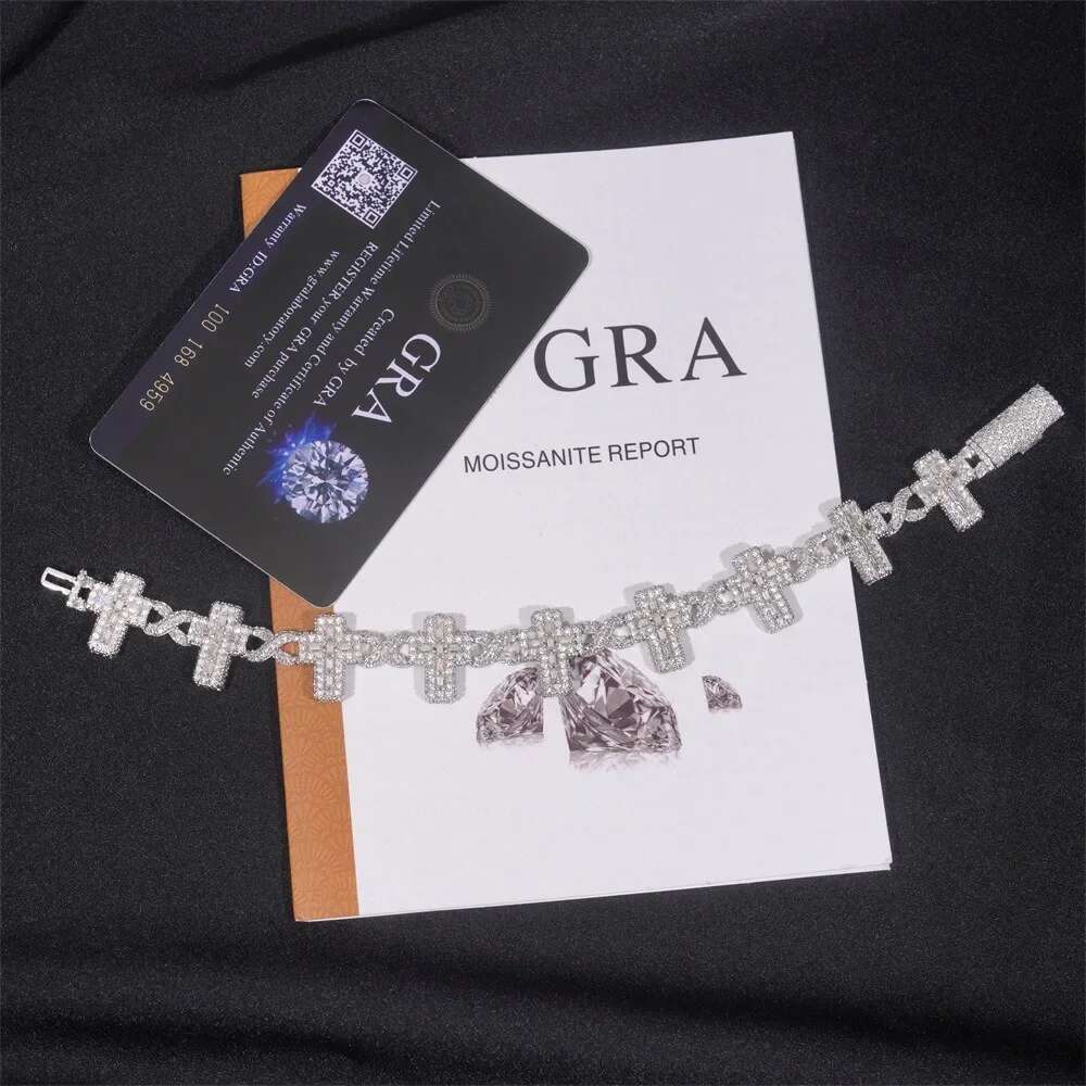 IsRainy Hip Hop Rock 100% Sterg Sier D Color Real GRA All Moissanite Dias Bracelets Cross 6MM Chain Fine Jewelry