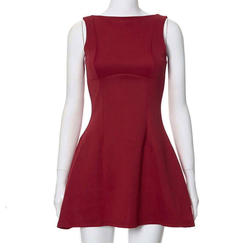 M24DS068 European and American style summer women's solid color round neck sleeveless backless high waisted dress wholesale 2025 new casual fashi