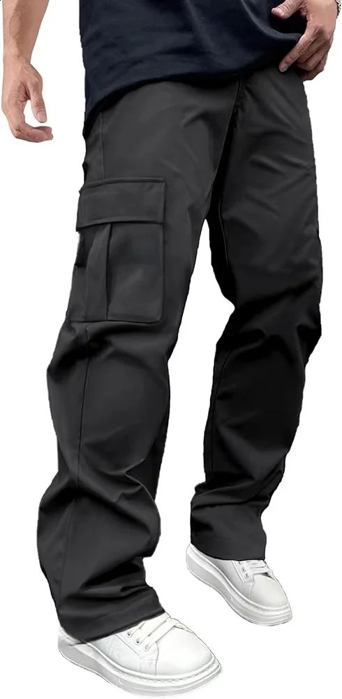 Woven fabric selling solid color casual inventory ordinary mens loose straight pipe work clothes drawstring multiple pockets 250228Z