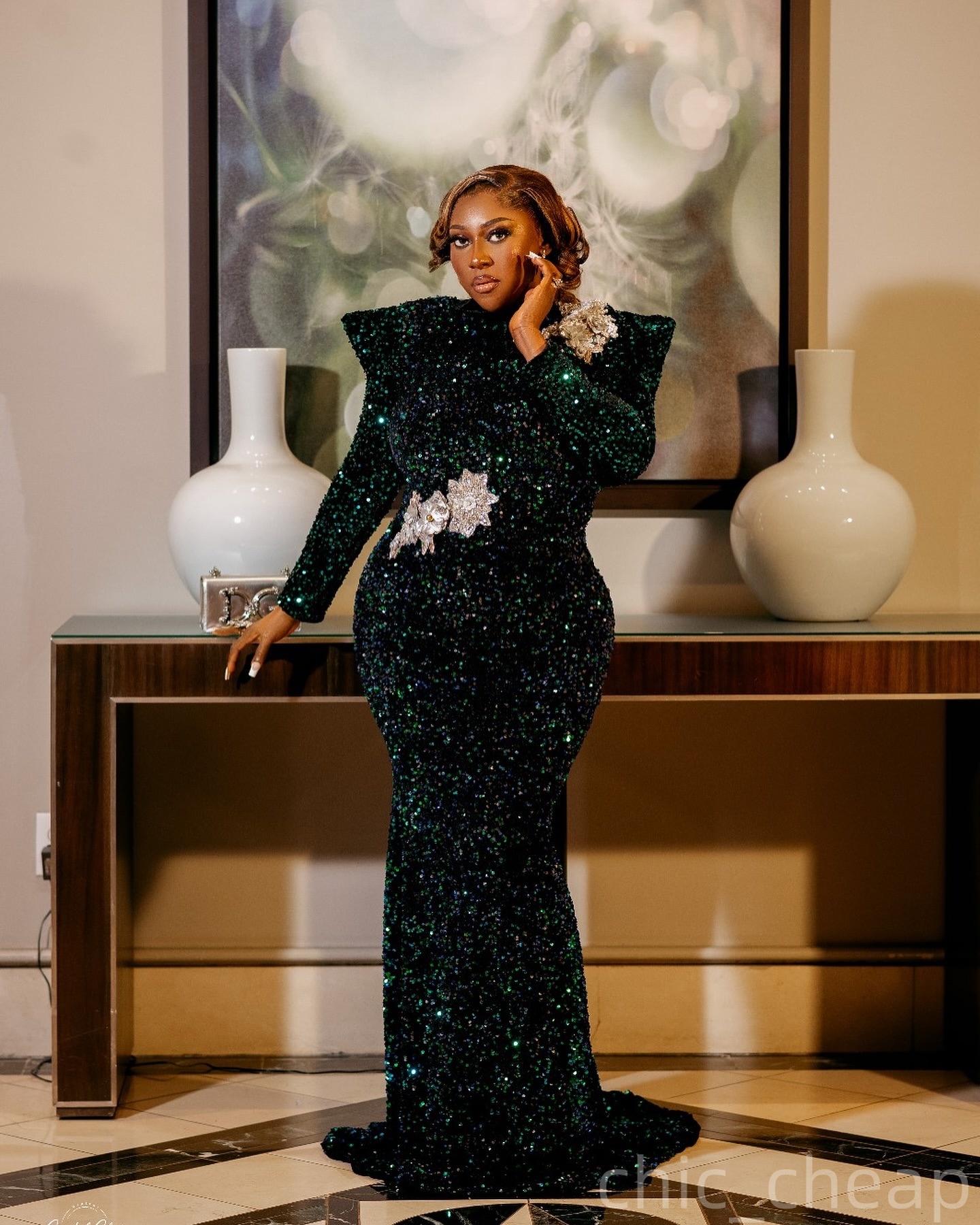 Dark Green Mermaid Prom Dresses 2025 Lace Full Sleeves Sequined Evening Formal Party Second Birthday Engagement Gowns Plus Size Dress For Special Occa