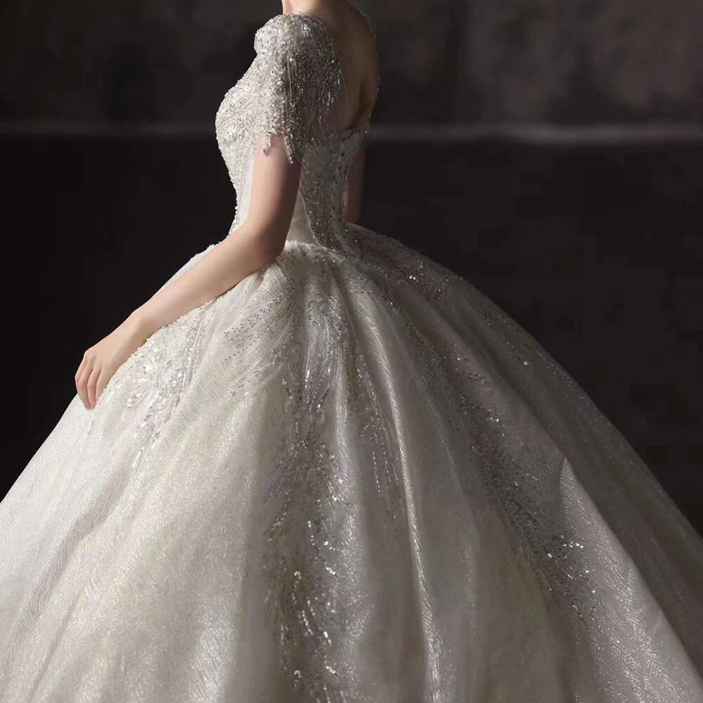 Train Court with V-neckline Short Sleeves Lace Wedding Dresses Custom lsht053