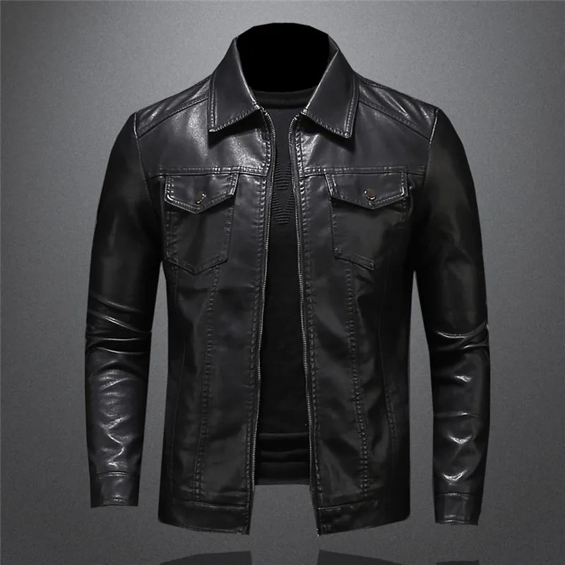 Mens Motorcycle Leather Jacket Large Size Pocket Black Zipper Lapel Slim Fit Male Spring and Autumn High Quality Pu Coat M5Xl 250225