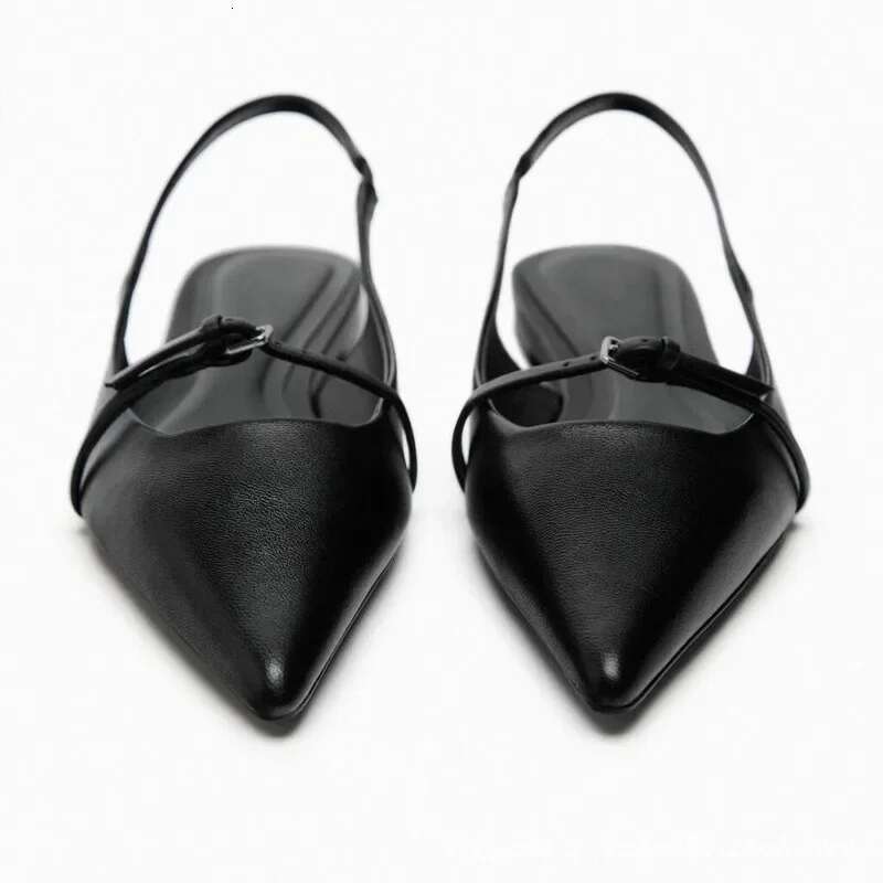 Sgback Flat Bottom Women Sandals Summer Black Leather Pointed Ballet Fashion Low-heel Woman Shoes