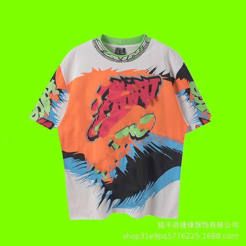 New Hip Hop American Trendy Collar Letter Splicing Men's Women's Long Sleeves Washed and Used Graffiti Loose Round Neck