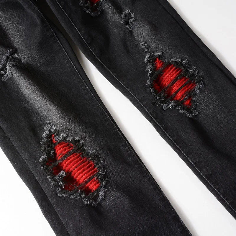 Mens Cracked Red Pleated Patch Biker Jeans Streetwear Patchwork Stretch Denim Pants Skinny Tapered Black Trousers 250228