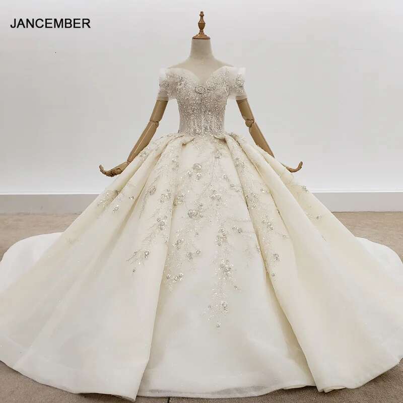 Htl1317 Sweetheart Off Shoulder Crystal Sequins 2021 Short Sleeve Applique Beading Ball Gown Wedding Dress