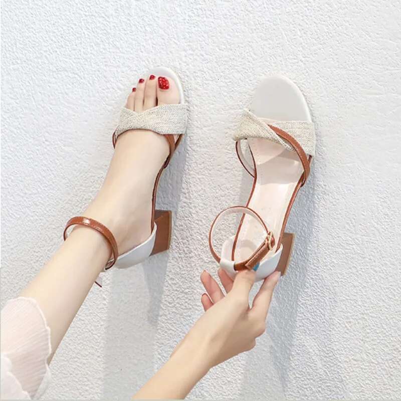 Ladies Shoes Lace Heeled Blue Women's Sandals Square Heels High Pumps Outdoor Comfortable and Elegant Original Summer Chic