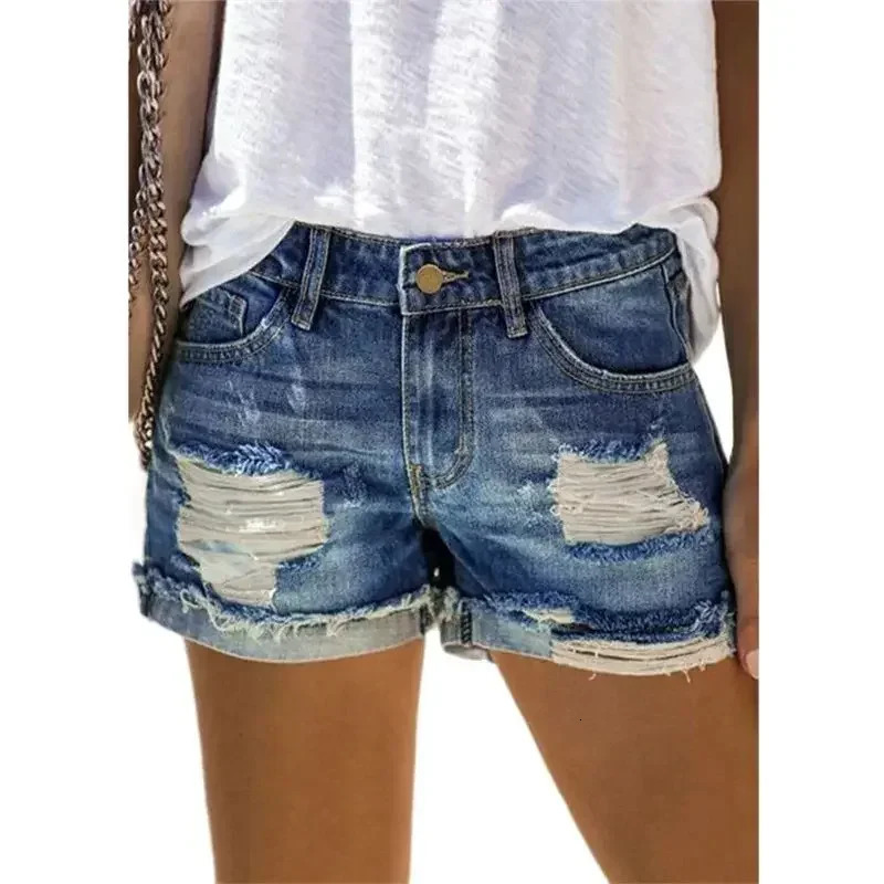 Fashion Broken Holes Splicing Cloth Denim Shorts Women Folded Legs Three Quarter Pants Female Casual Trend Streetwear Mini Jeans 250227