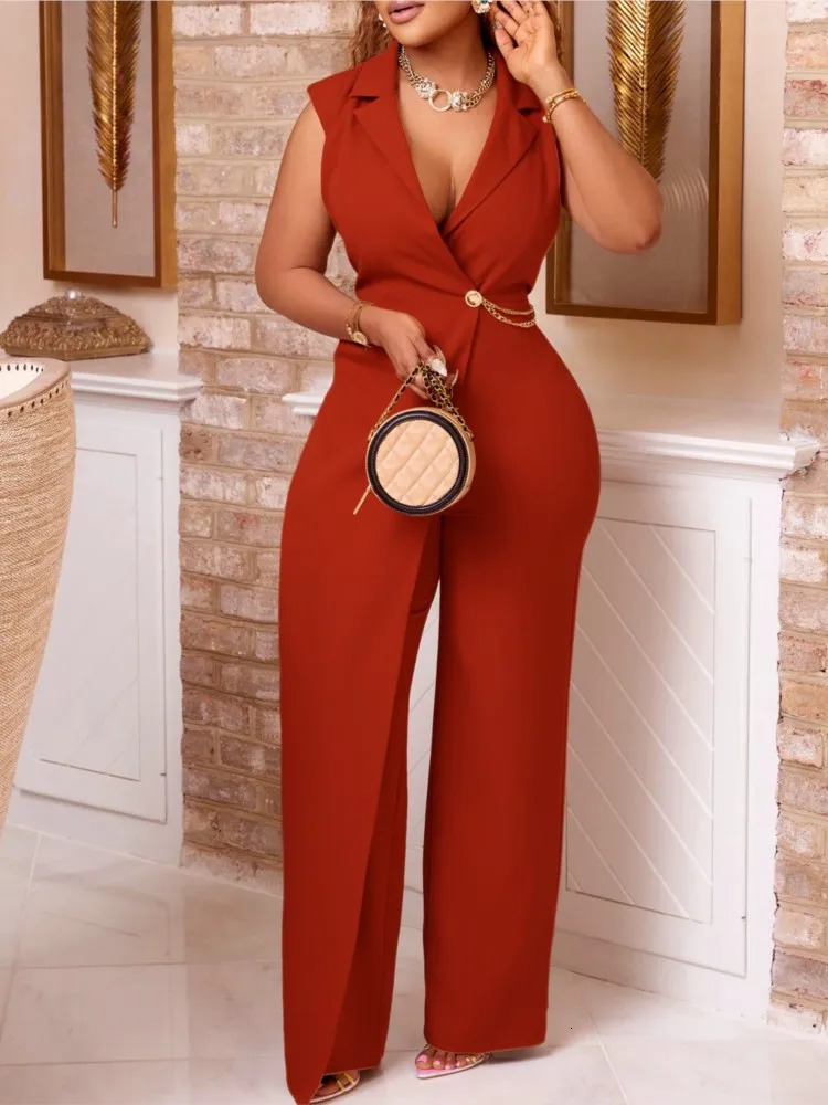 Elegant Jumpsuits Rompers For Women Turn Down Collar Sleeveless High Waisted V Neck Straight Female Birthday Overalls 250224